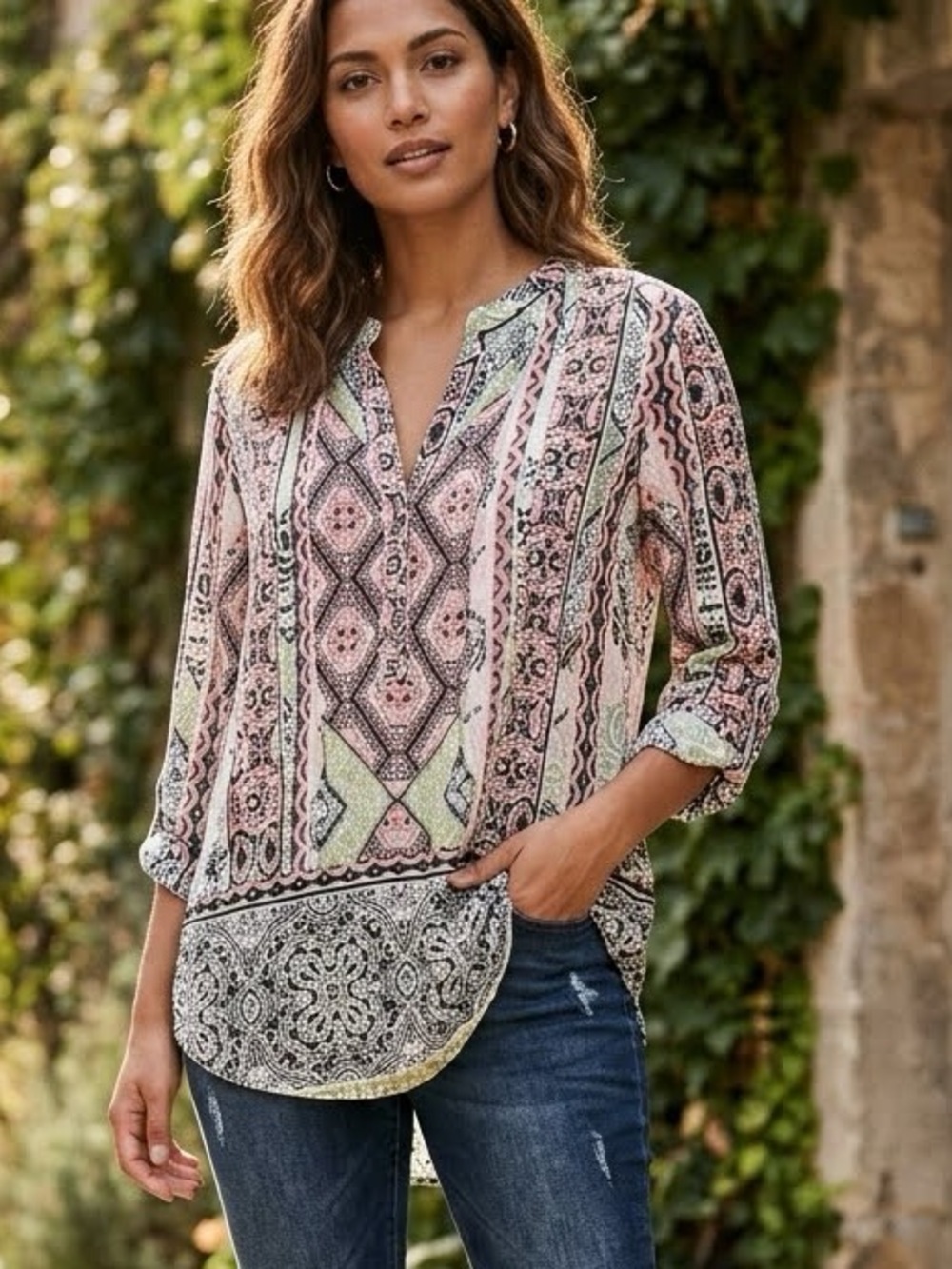 new directions Pink and Green Patterned Tunic Top